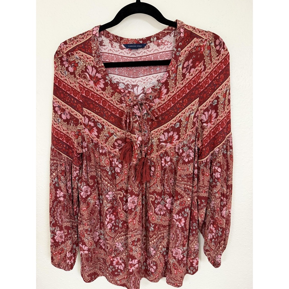 American Eagle Red Paisley Peasant Blouse Womens L Boho Fall Tunic